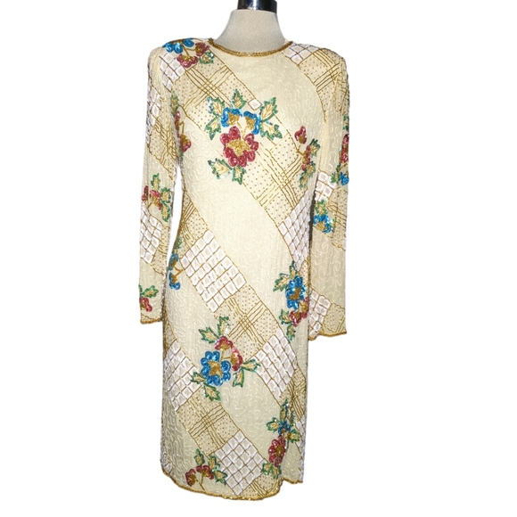 Gorgeous 100% SilkBeige embroidered midi long sleeve beaded sequins dress Size M - Picture 6 of 13